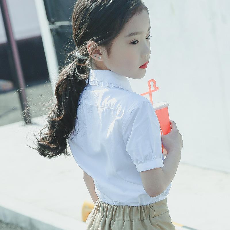 女童短袖衬衫白纯棉圆领夏季中大童小学生校服演出服儿童白色衬衣