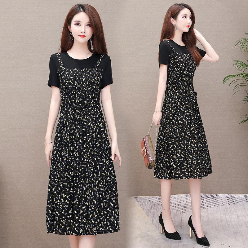 Splicing fake two piece dress summer new floral top medium length skirt large women's dress looks thin and fat mm
