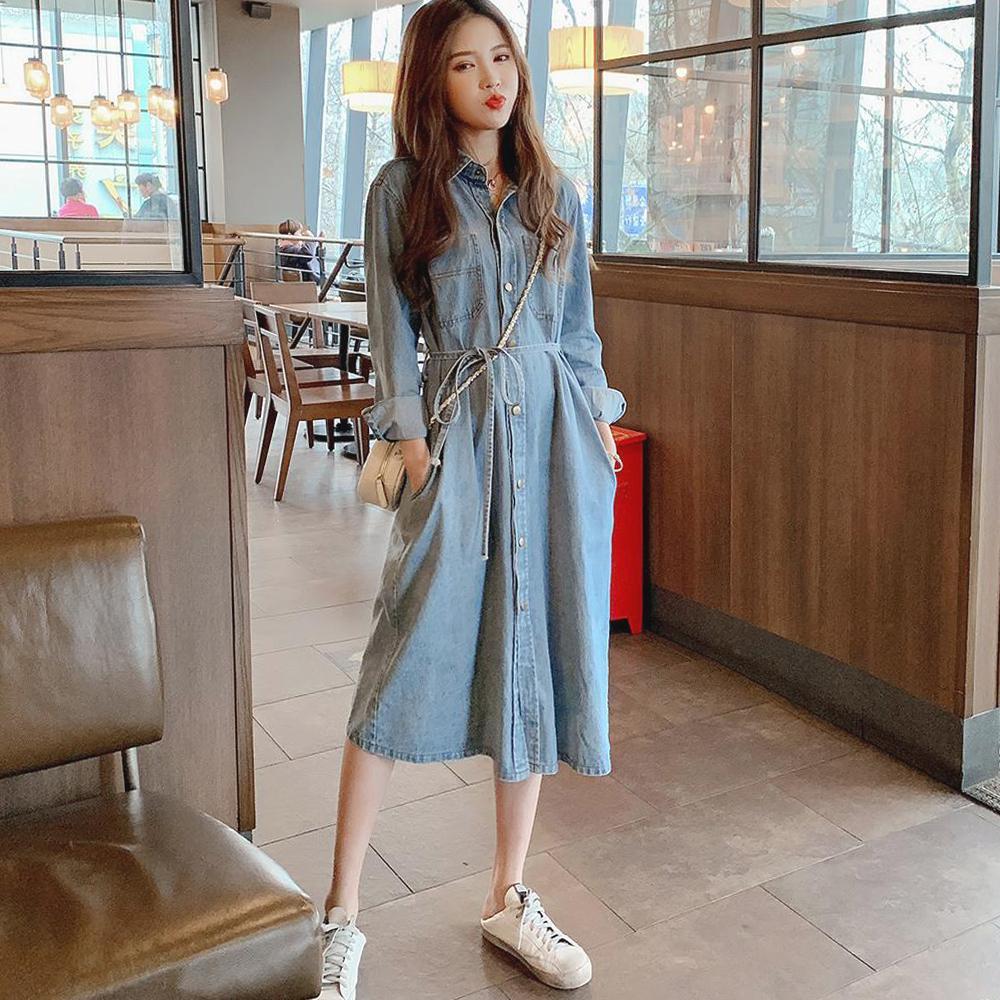 Hepburn style long denim dress women's spring and autumn Korean lace up waist shirt skirt A-line long skirt denim skirt