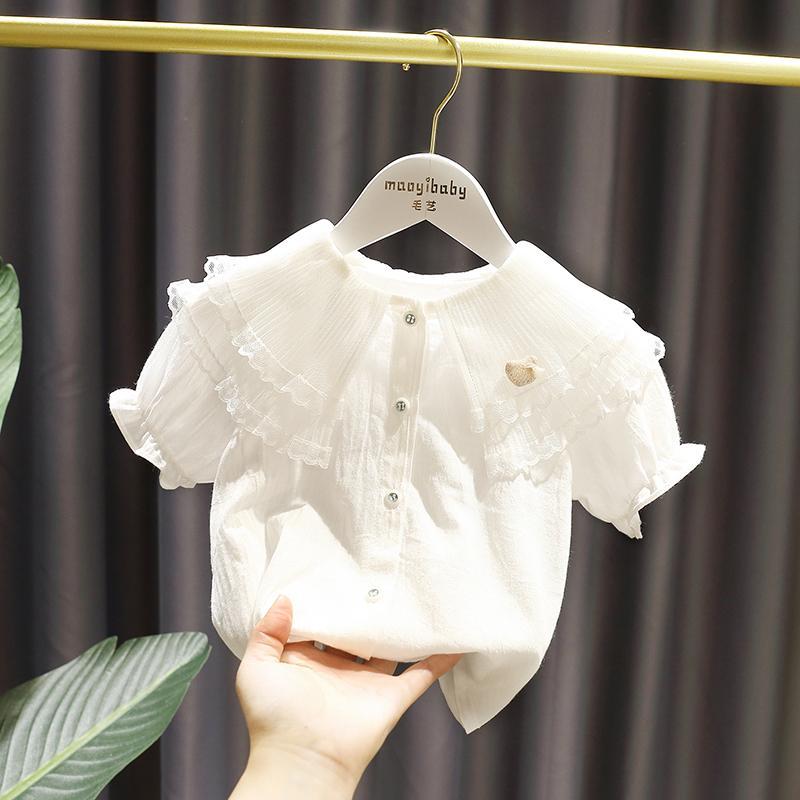 1-7 years old girl baby soft wrinkled cotton shirt female baby summer short sleeve 3 girl foreign style Princess Lapel shirt