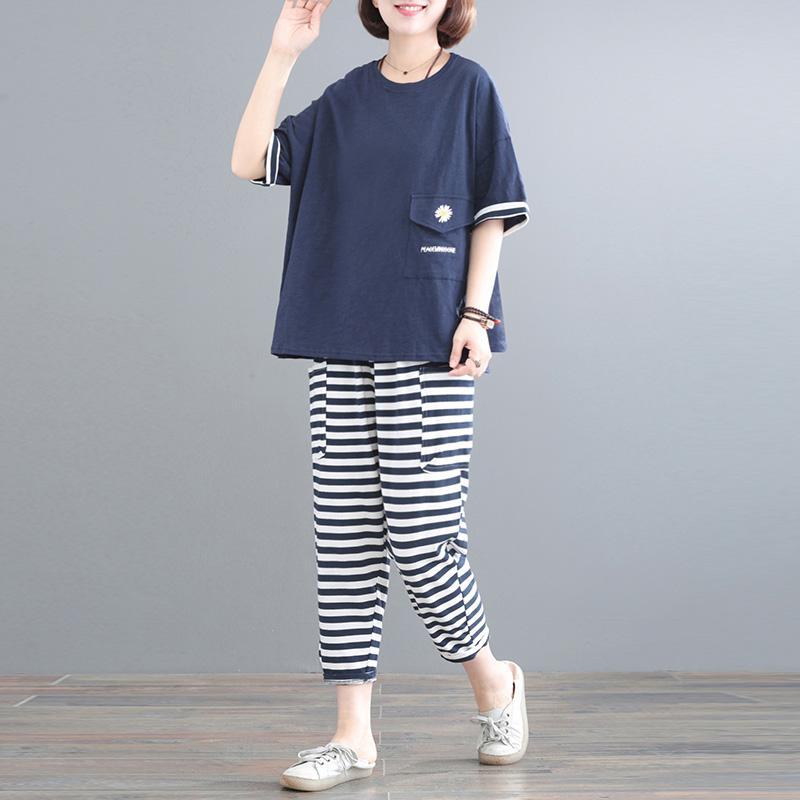 2023條紋哈倫褲套裝夏季女裝新款大碼寬鬆運動休閒兩件套九分褲子