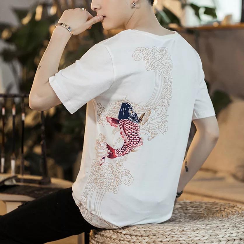 夏天大碼T恤男中國風刺繡後背印花寬鬆潮流半截袖佛系復古風短袖