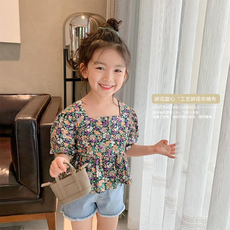 Magic bean Baoer children's wear children's floral shirt 2020 summer new girls' Korean version of small square neck short sleeve top