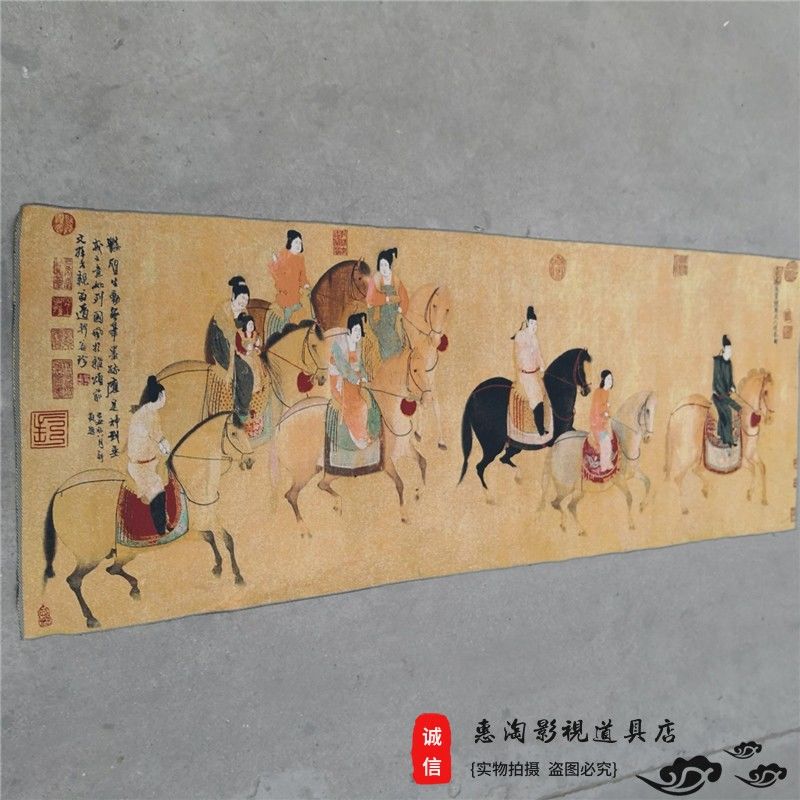 西藏佛像尼泊尔唐卡画像织锦绣金丝绸绣唐代人物游春图老唐卡刺绣