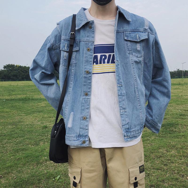 破洞牛仔外套男韩版潮流春秋季复古帅气牛仔衣宽松夹克帅气牛仔褂
