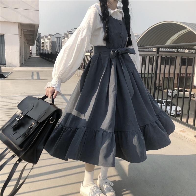 Ins dress women's spring and summer Korean version loose and thin, fresh college style white shirt + medium length Strapless skirt
