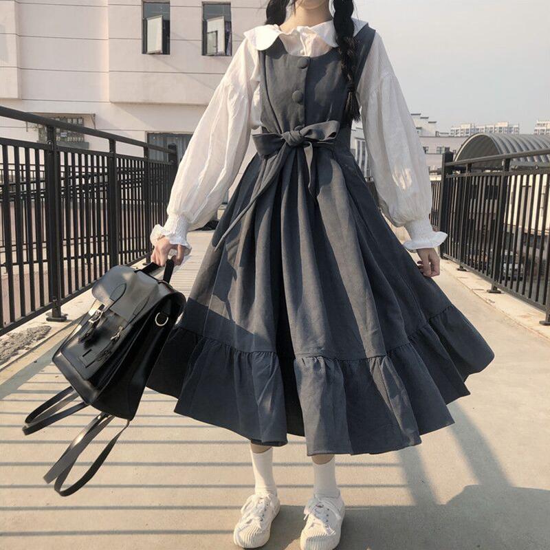 Ins dress women's spring and summer Korean version loose and thin, fresh college style white shirt + medium length Strapless skirt