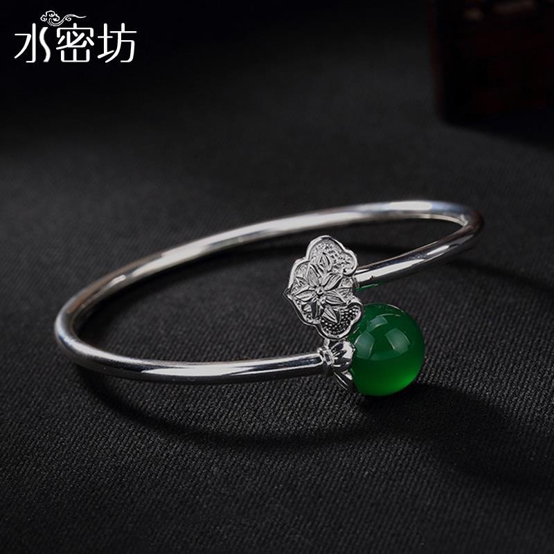 s925银手镯如意梅花镶嵌绿玉髓女士2019新款时尚个性气质开口手环
