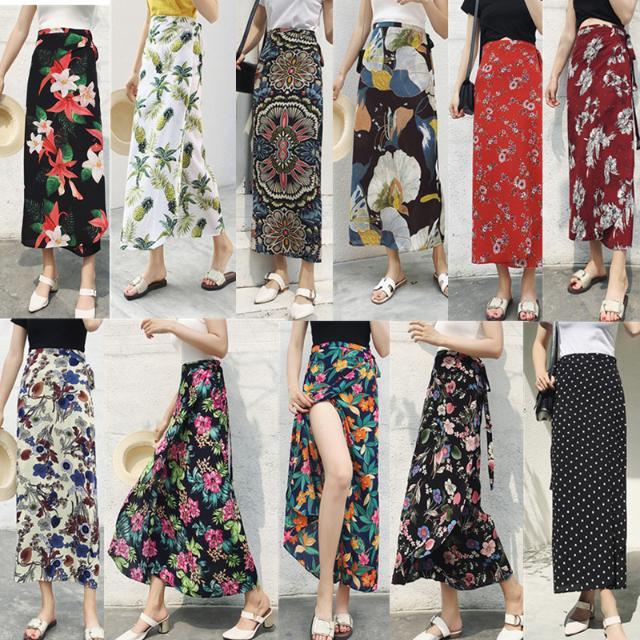 Thai holiday skirt women's summer new one piece wrap skirt chic long skirt Chiffon floral lace up beach skirt