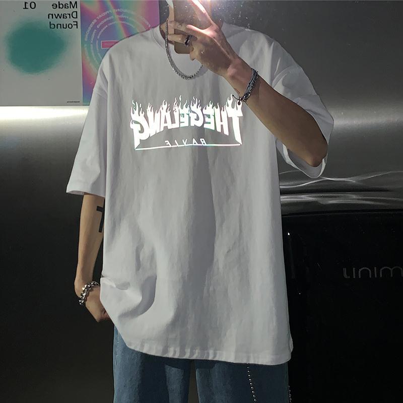Pure cotton 2020 summer reflective short sleeve t-shirt men's and women's fashion brand flame letter printed half sleeve hip hop couple top
