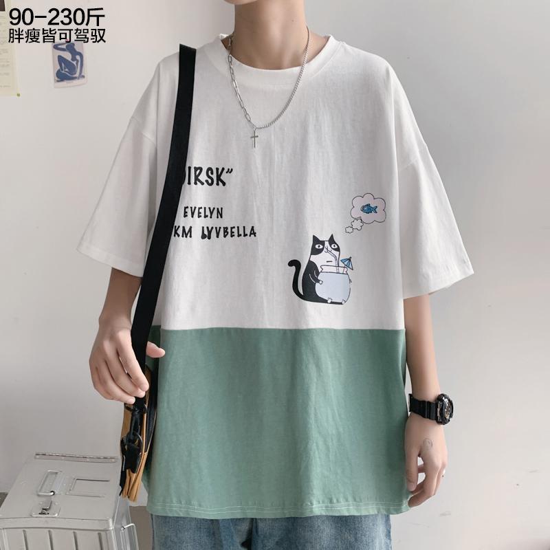 Summer new short sleeve boys and students color matching ins ultra Korean fashion Hong Kong Style loose half sleeve printed T-shirt for lovers