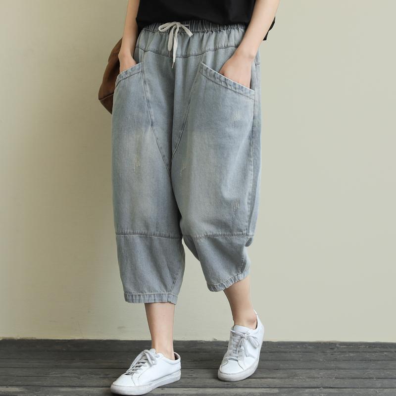 夏裝女褲子女2023新款韓版寬鬆大碼女裝文藝七分褲哈倫牛仔褲女潮