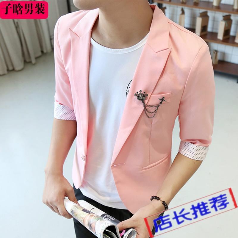 Pink Korean style casual small suit, three-quarter sleeve men's treasure sky blue slim-fit jacket, red mid-sleeved suit trendy