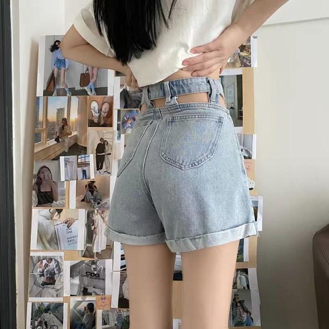 Summer new Hong Kong style high waist thin curled denim shorts women's Korean style hollow out straight leg hot pants fashion
