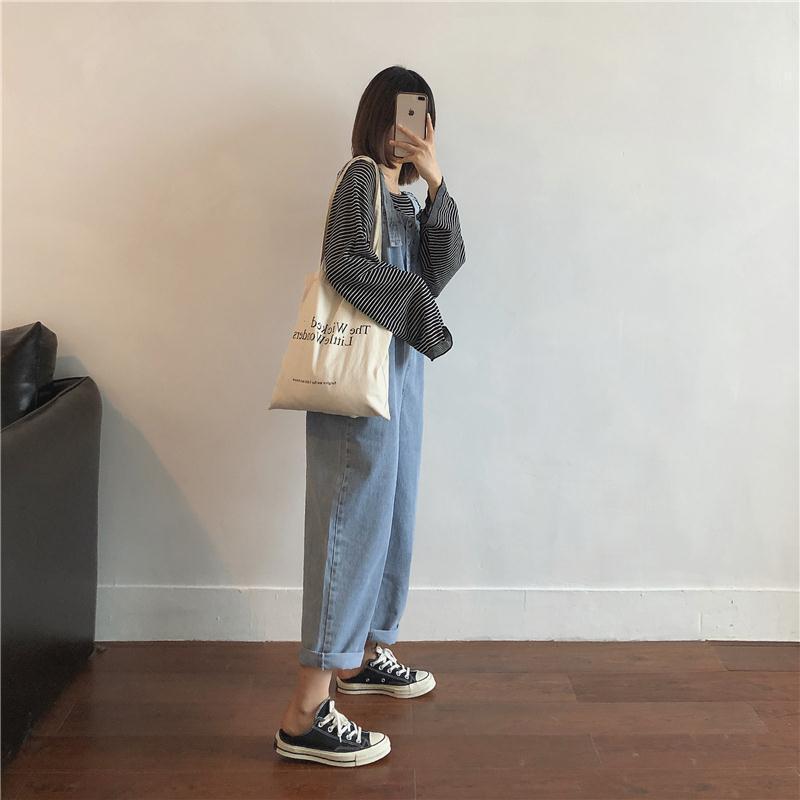 Loose BF straight tube denim belt pants for women spring and autumn 2020 new Korean version high waist thin wide leg one-piece pants fashion