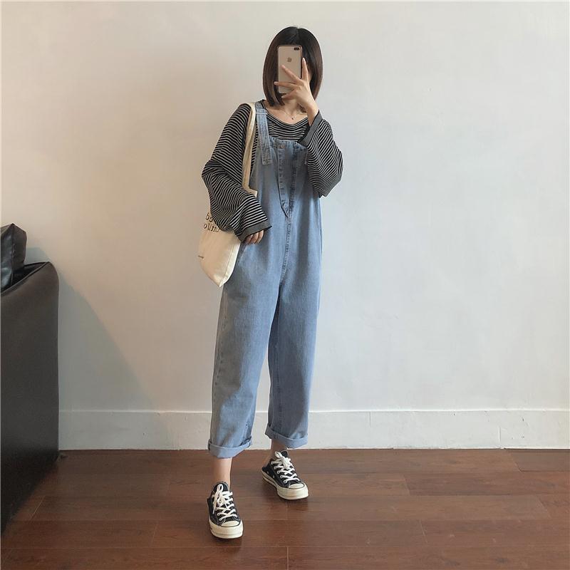 Loose BF straight tube denim belt pants for women spring and autumn 2020 new Korean version high waist thin wide leg one-piece pants fashion