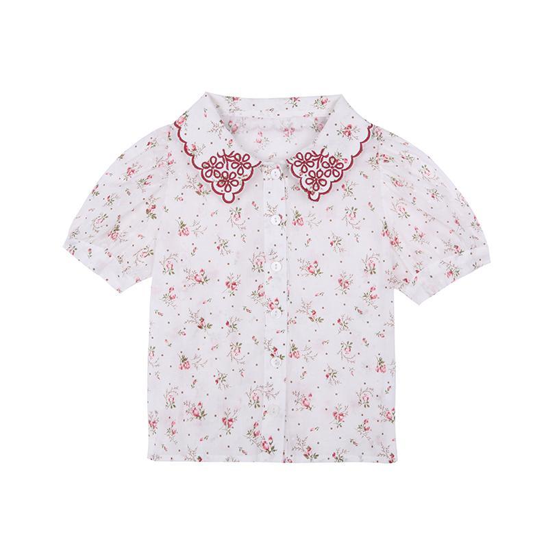 Children's new style girls' retro cotton shirt children's summer dress floral foreign style shirt baby's Short Sleeve Top
