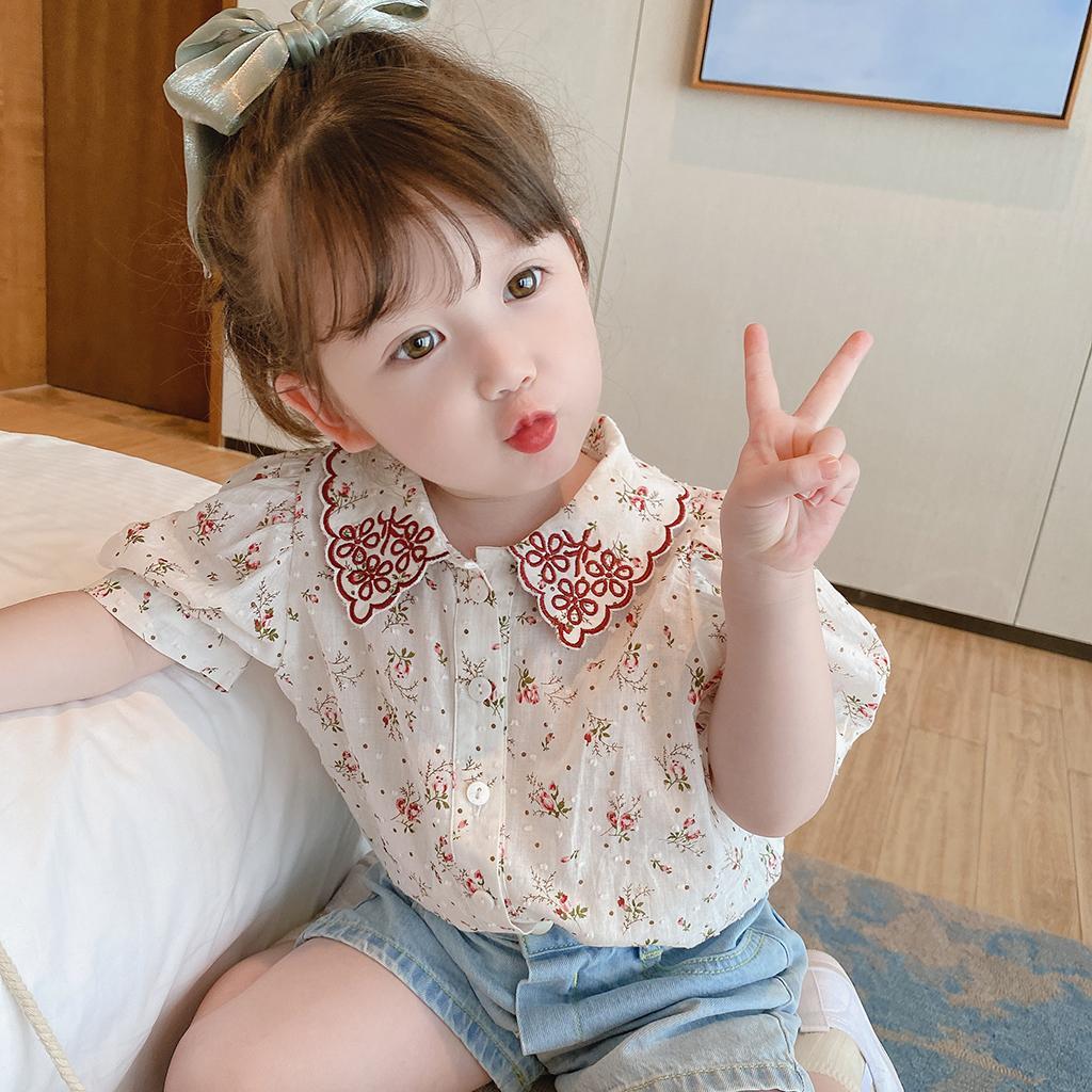 Children's new style girls' retro cotton shirt children's summer dress floral foreign style shirt baby's Short Sleeve Top