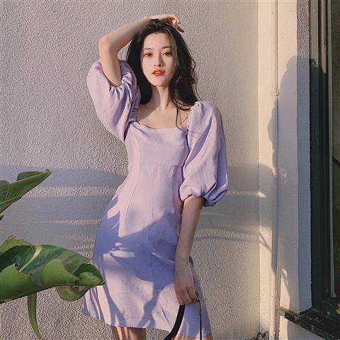 Summer new style Korean Retro High Waist slim square collar temperament bubble short sleeve length purple dress women fashion