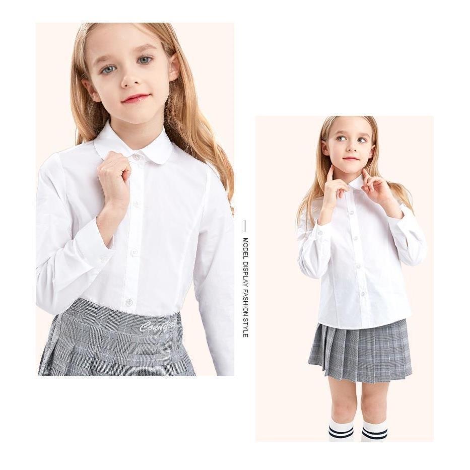 女童白衬衫长袖纯棉花边领春夏儿童白色衬衣中大童小学生演出校服
