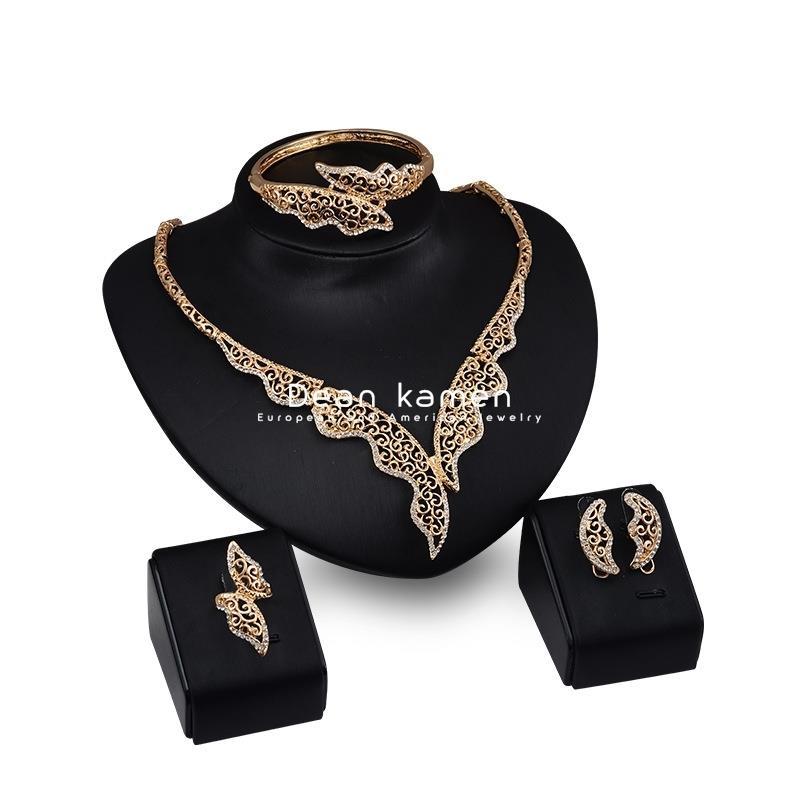 gold women 4pcs jewelry set necklaces ring earrings bracelet
