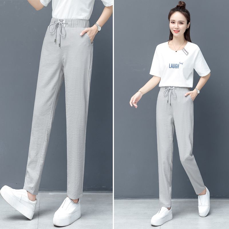 2023 New Ice Silk Cotton Linen High Waist Pants Women's Summer Loose Slim Casual Pants Thin Harem Straight Pants Spring