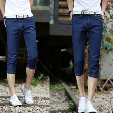Ripped denim shorts men's five-point pants summer thin section half-cut pants handsome trendy brand ins Hong Kong style straight 5-point pants