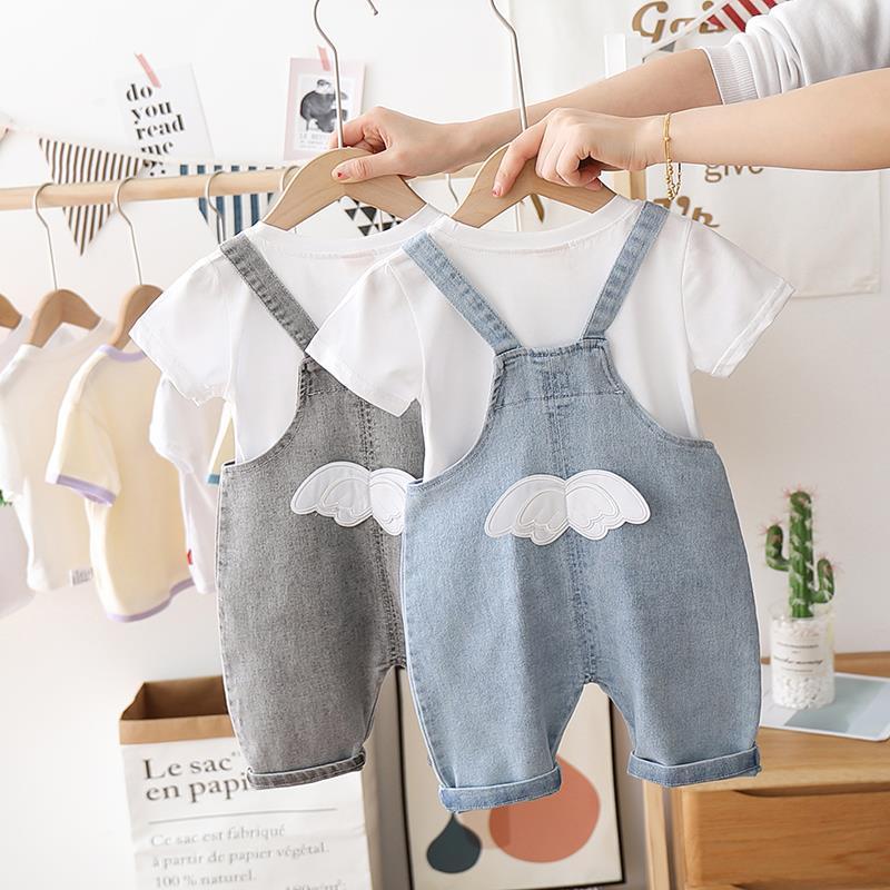 Boys' summer Pants Set 2020 new girls' foreign style short sleeve suspenders two pieces of boys' denim shorts