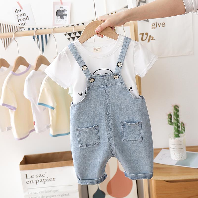 Boys' summer Pants Set 2020 new girls' foreign style short sleeve suspenders two pieces of boys' denim shorts