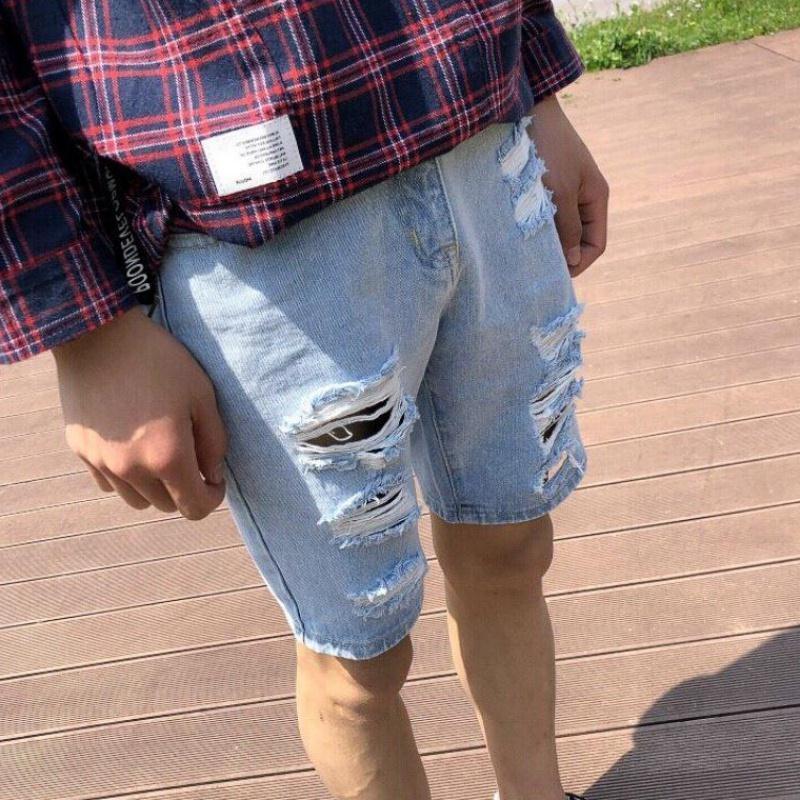Ripped denim shorts men's five-point pants summer thin section half-cut pants handsome trendy brand ins Hong Kong style straight 5-point pants