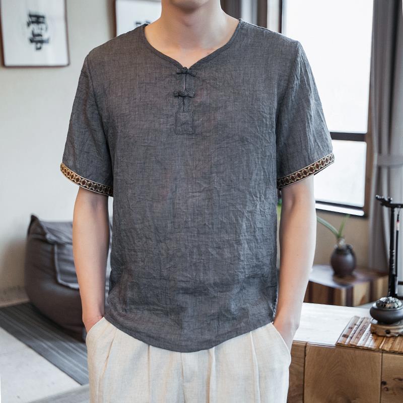 男士短袖2019新款夏季薄款t恤男装个性潮男宽松v领体恤复古中国风