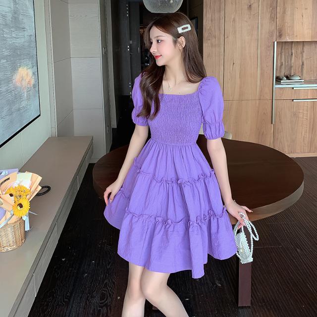 Fat mm small girl girl Purple Plaid square collar dress women summer Korean version of waist slim cover belly skirt