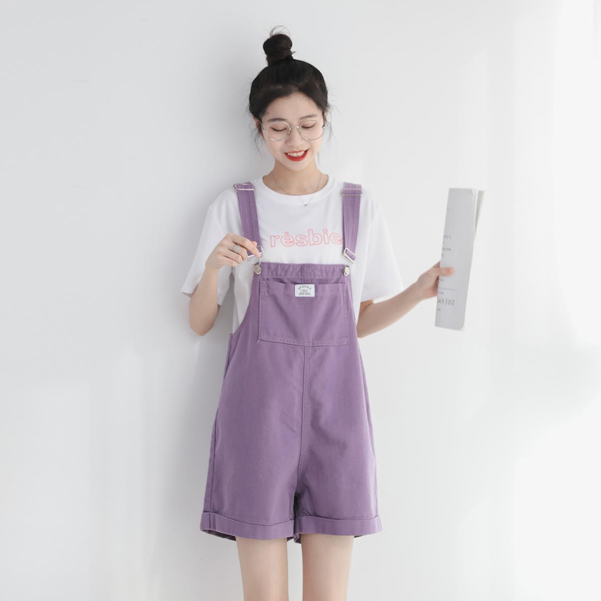 Summer 2020 new Korean version of small purple straight shoulder Jeans Shorts children's loose thin Jumpsuit