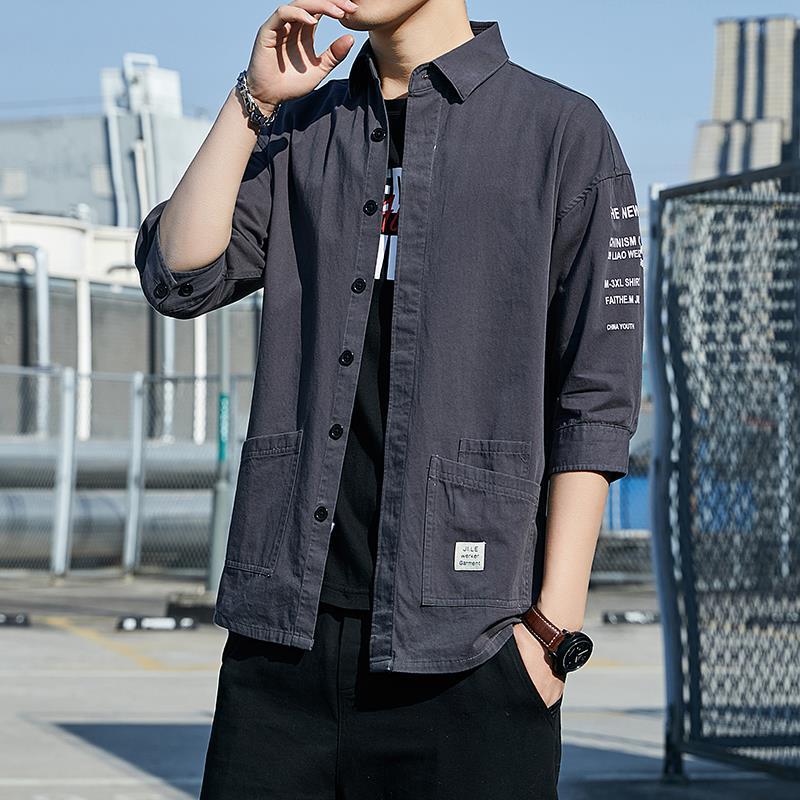 Cotton shirt men's Korean fashion cool 2020 summer short sleeve 7 / 6 sleeve loose casual men's jacket