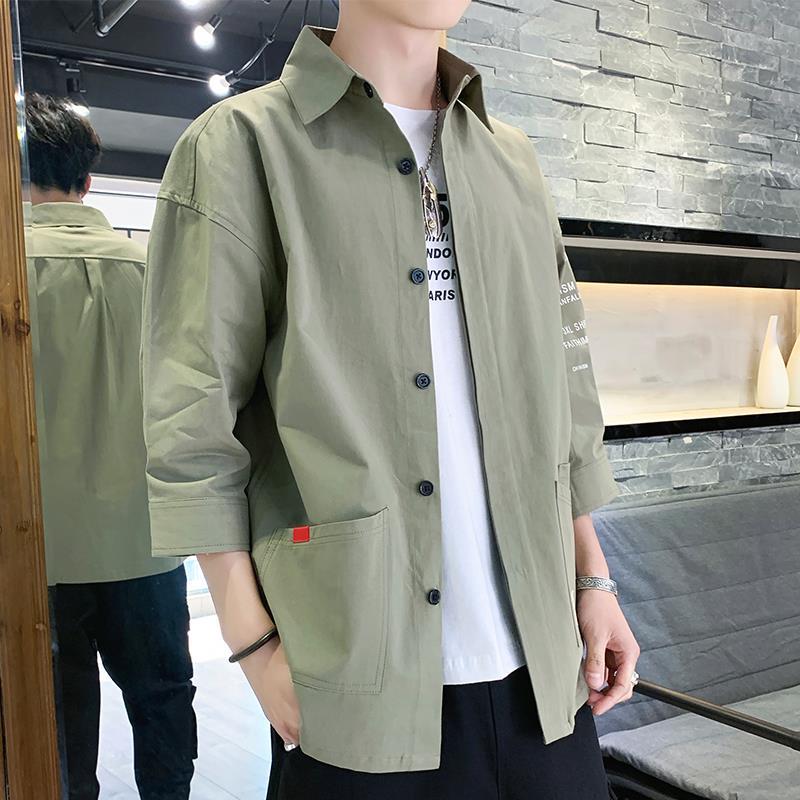 Cotton shirt men's Korean fashion cool 2020 summer short sleeve 7 / 6 sleeve loose casual men's jacket