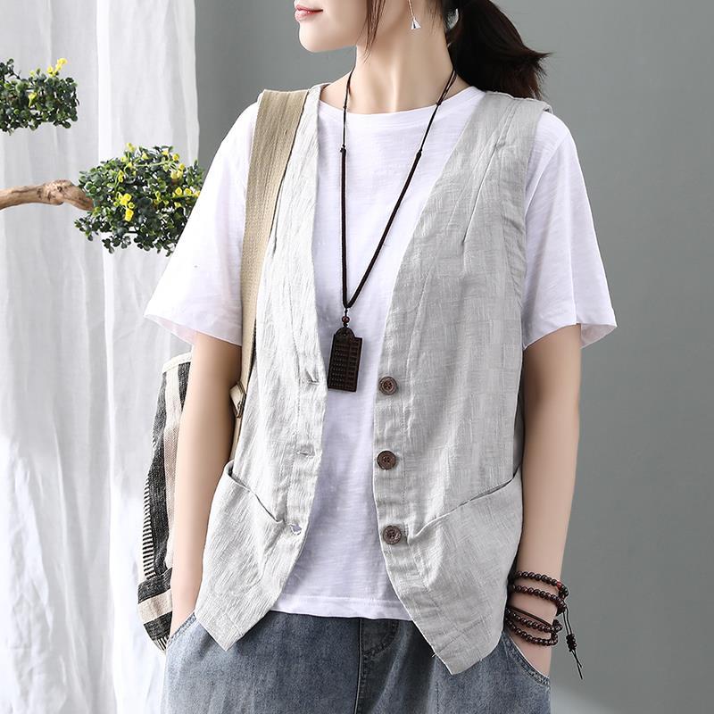 Cotton Vintage vest women's summer loose and versatile sleeveless cantilevered Chinese casual vest cardigan jacket
