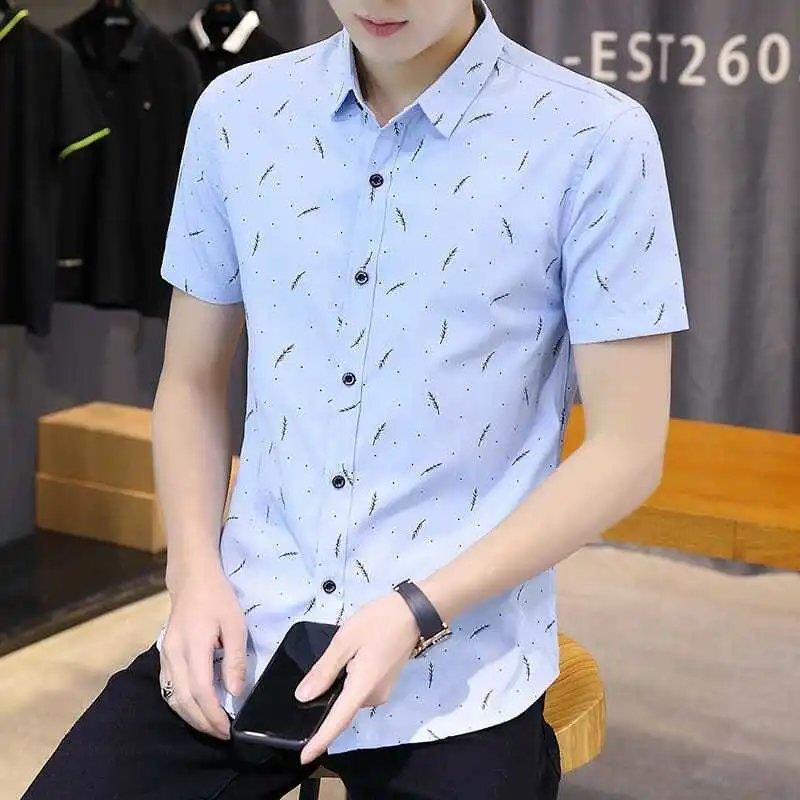 短袖衬衫男士夏季韩版潮流修身青年帅气印花上衣休闲衣服男装衬衣