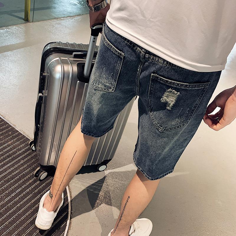 Net red beggars denim shorts men's 2020 summer Korean straight Capris fashion brand casual holed denim pants