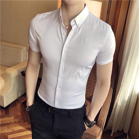 Spring and summer non iron anti wrinkle embroidery Long Sleeve Shirt Men's short sleeve British fashionable and handsome ice silk casual medium sleeve shirt