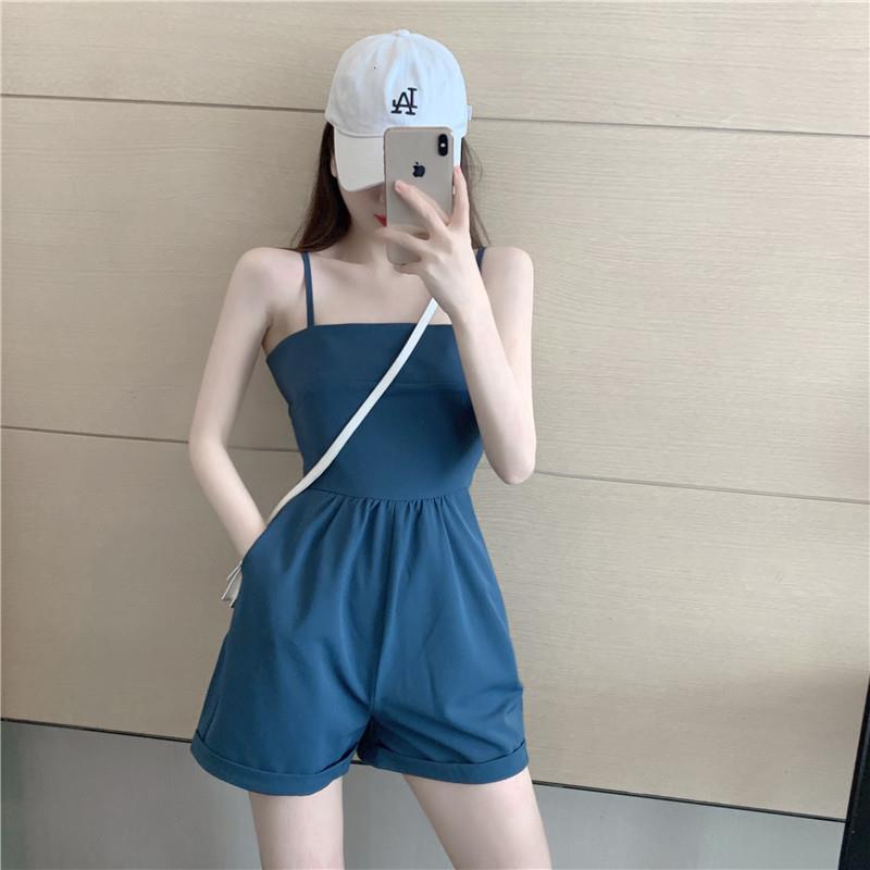 Korean version simple and fashionable summer new style loose and thin high waist short suspender jumpers foreign style casual shorts