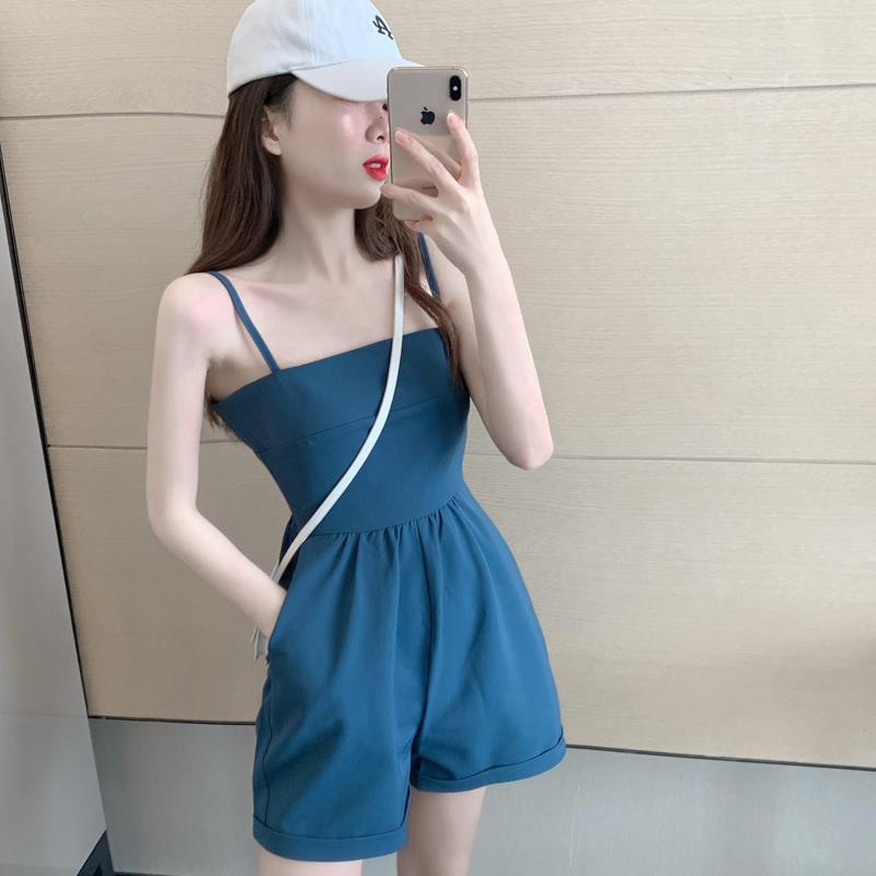 Korean version simple and fashionable summer new style loose and thin high waist short suspender jumpers foreign style casual shorts