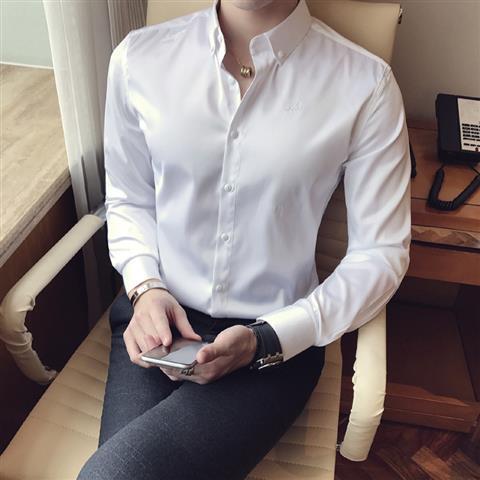 Spring and summer non iron anti wrinkle embroidery Long Sleeve Shirt Men's short sleeve British fashionable and handsome ice silk casual medium sleeve shirt