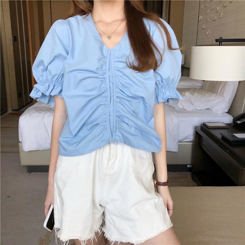 Salt shirt women's summer new design sense niche puff sleeve top V-neck slim short-sleeved shirt trendy