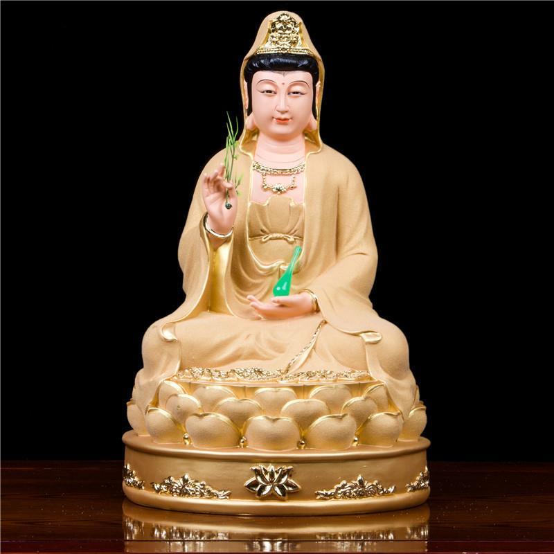 金身南海观音菩萨佛像客厅家用居家供奉佛摆件观世音菩萨树脂沙金