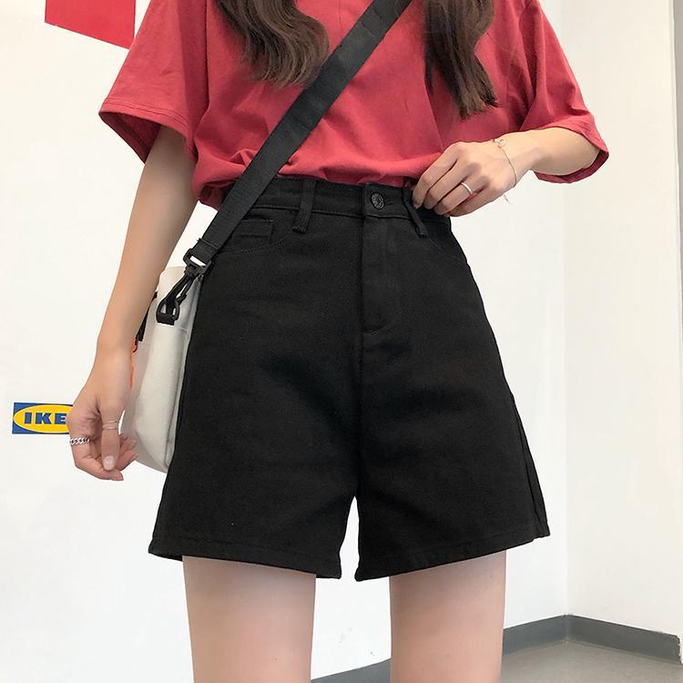 Black Denim Shorts women's high waist A-line pants summer and Korean version versatile thin loose student wide leg pants hot pants