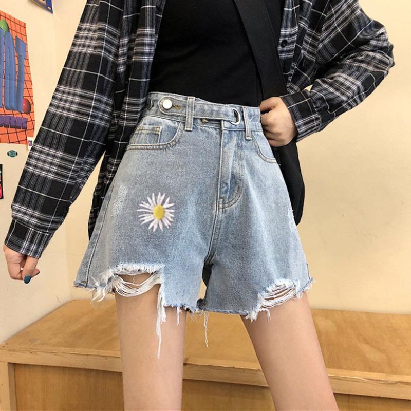 New style Daisy shorts women's summer loose cut jeans embroidered High Waist Wide Leg hot pants
