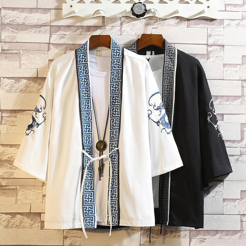 夏季中国风男装刺绣汉服日式和服开衫浮世绘道袍外套宽松唐装披风