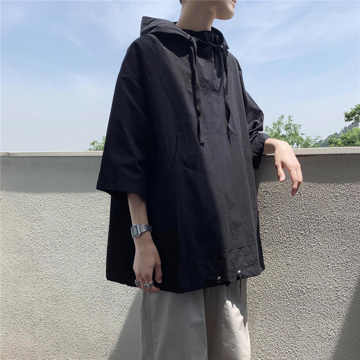Summer sweater men's shirt loose Korean fashion student solid color 5-sleeve casual hooded Pullover short sleeve T-shirt