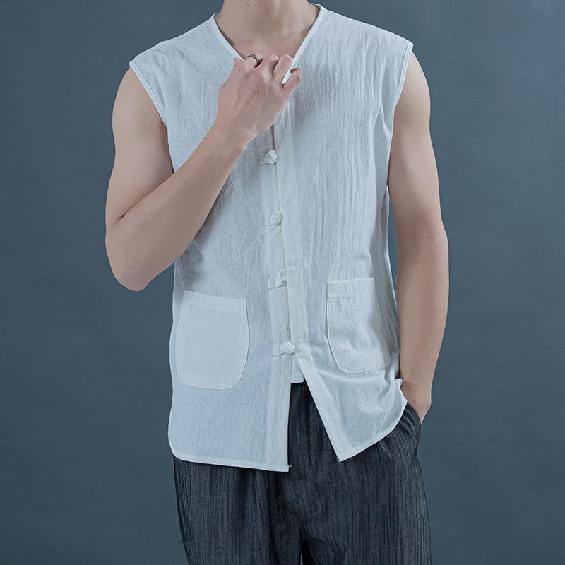 夏季中国风马褂男无袖背心盘扣上衣棉麻唐装中式茶服古风居士服