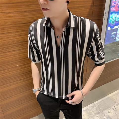 Cool men's T-shirt collar summer new men's short sleeve 5-sleeve loose and handsome floral Polo Top V